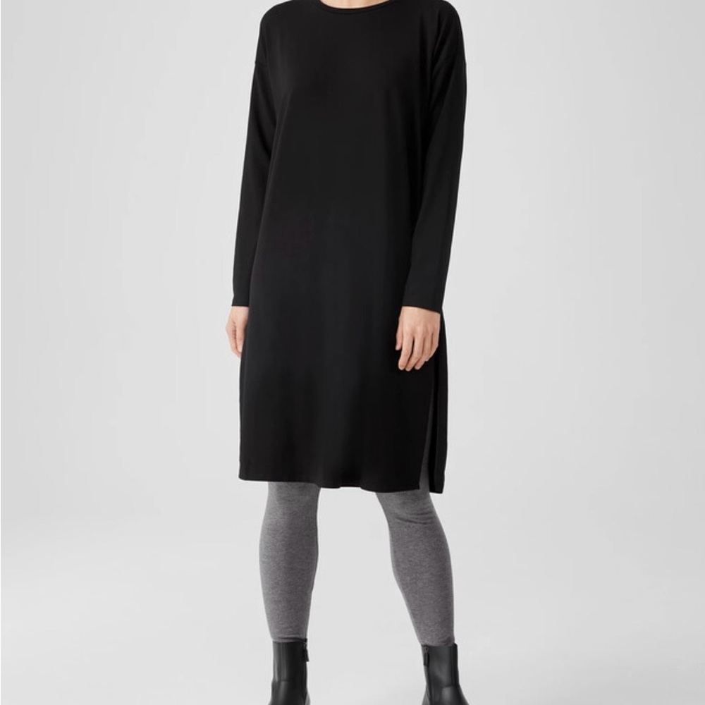 Eileen Fisher Stretch Jersey Crew Neck Dress PM Black Minimalist